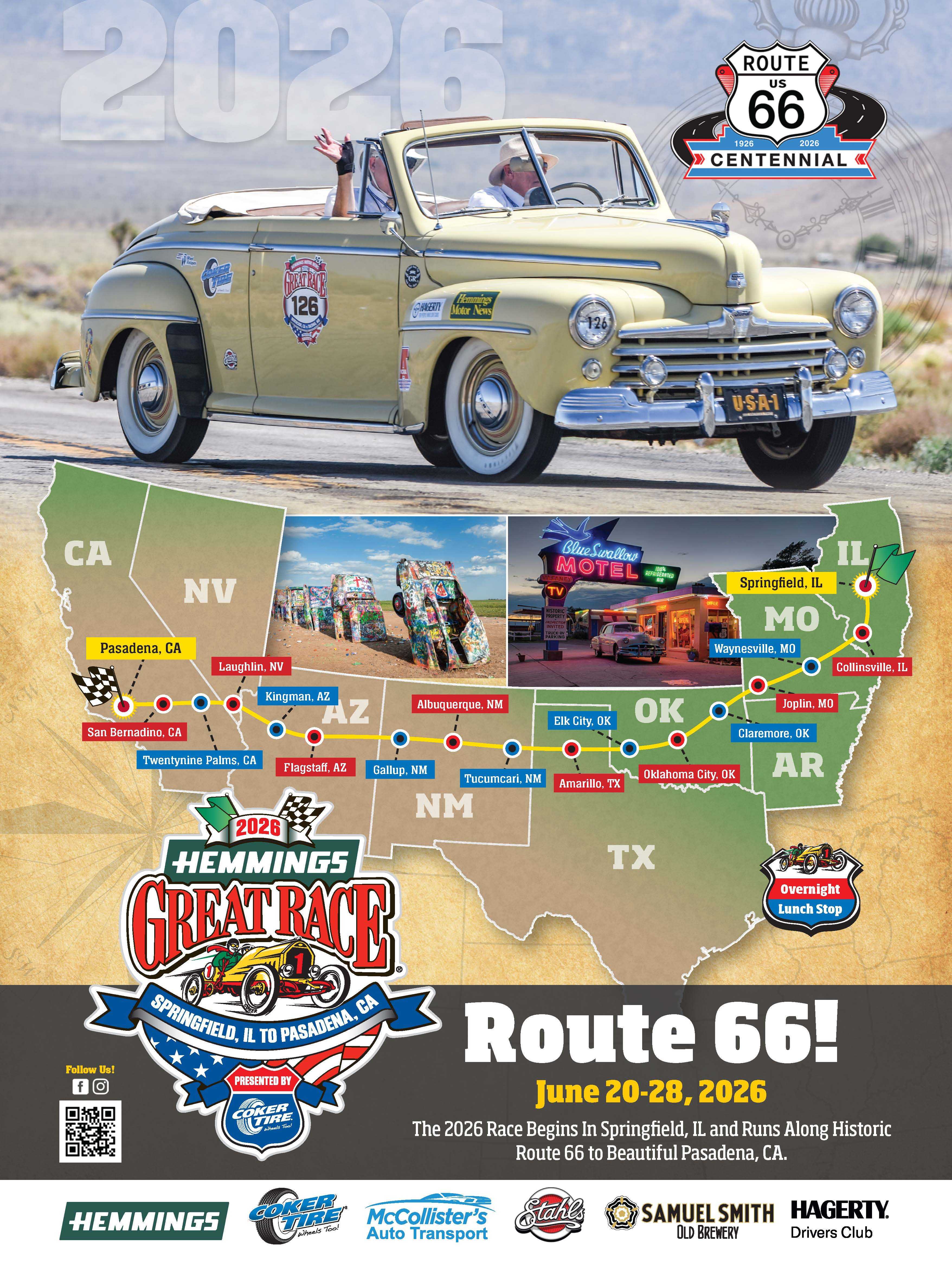 promotional flyer for The Great Race 2026 with a Route 66 theme